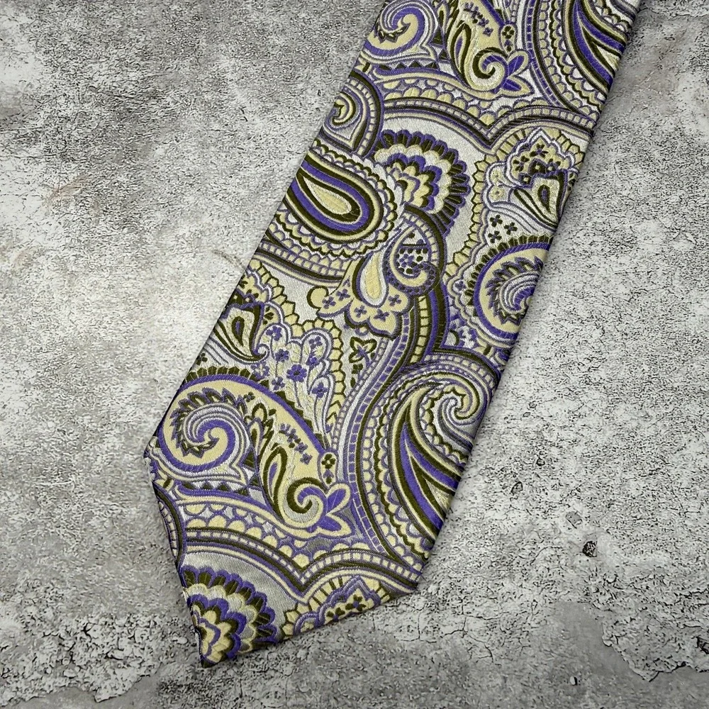PRONTO-UOMO COUTURE‎ Silk Tie Mens One Size Gold Purple Paisley Pointed Necktie